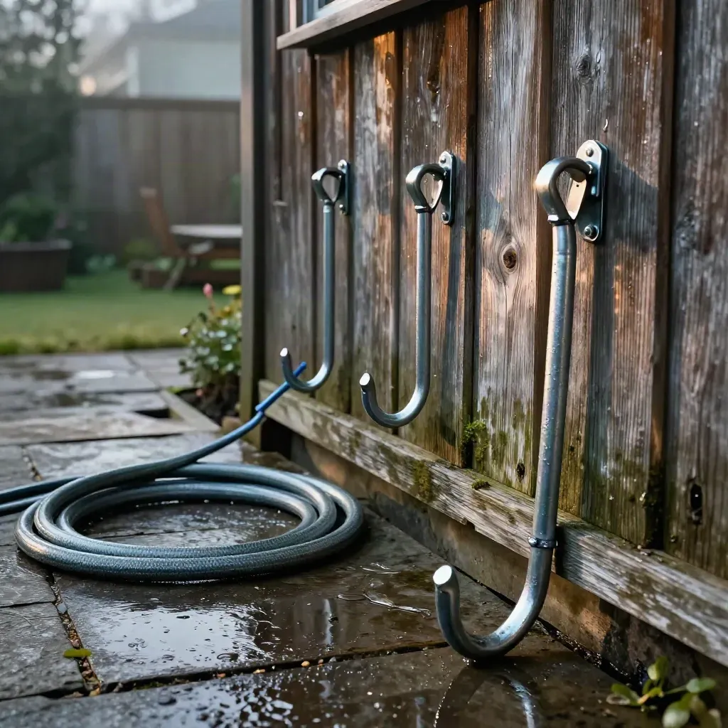 Verzinkte Haken und Schlauchhalter an Zedernholz und Steinplatten im nassen Gartenwinkel.