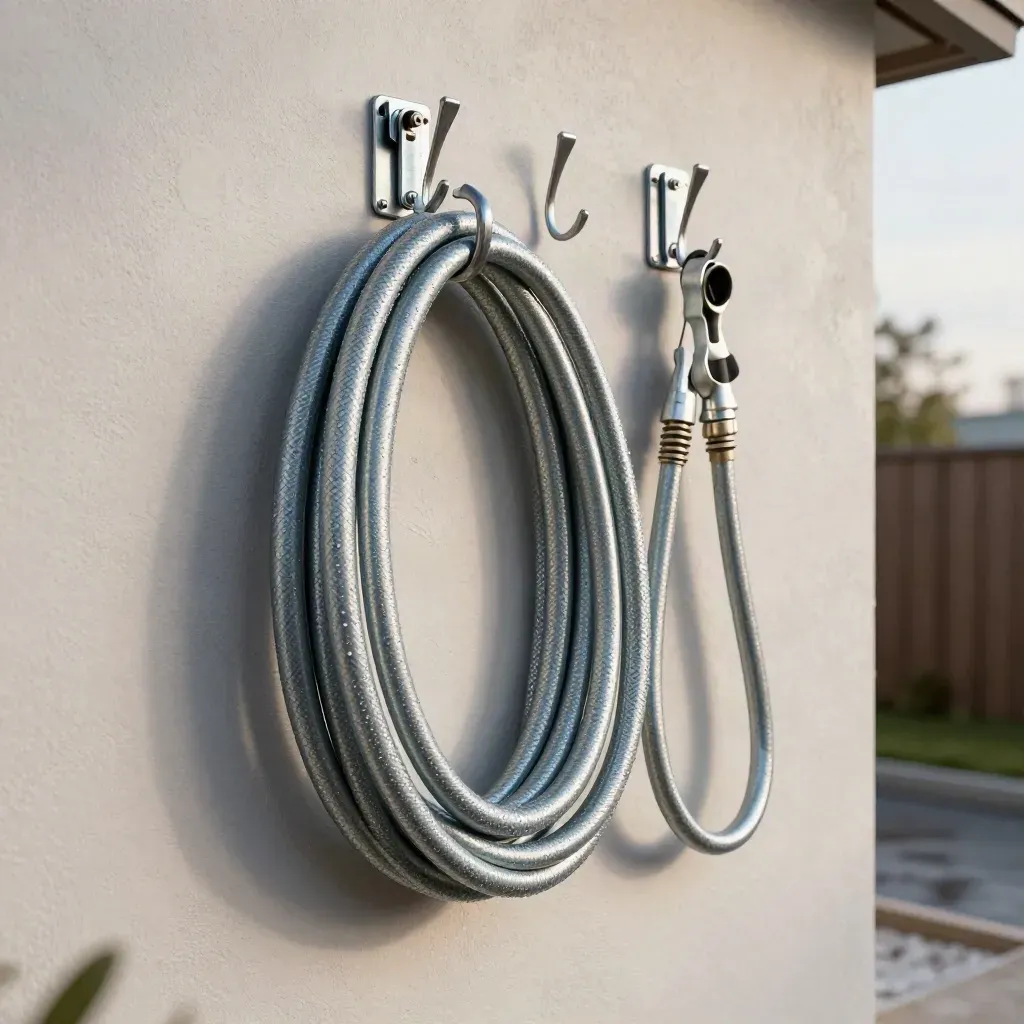 Verzinkte Haken mit Gartenschlauch und Kabel an heller Wand, aufgeräumt im Abendlicht